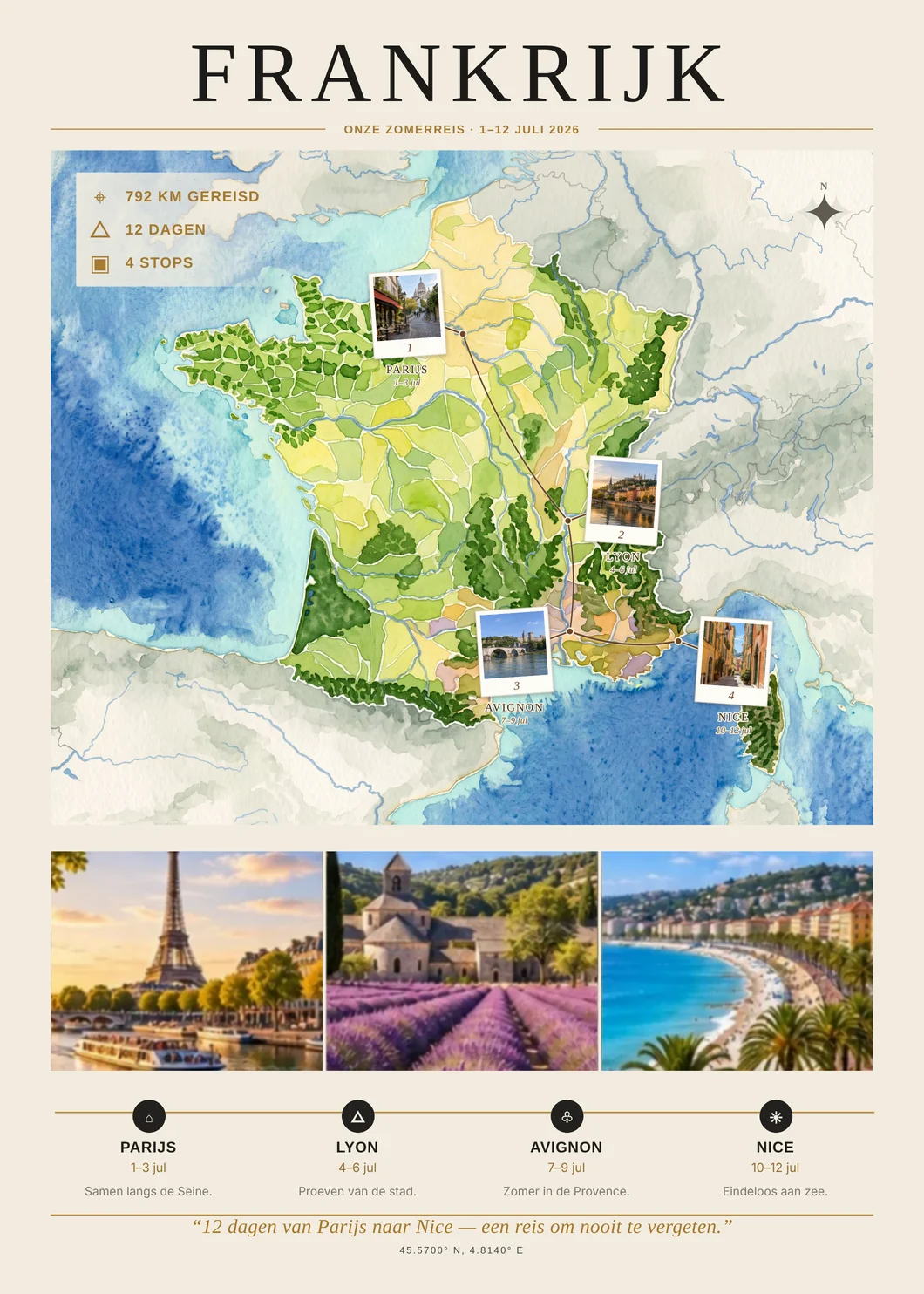 Franse Storyprint met polaroid-foto-pins langs de route
