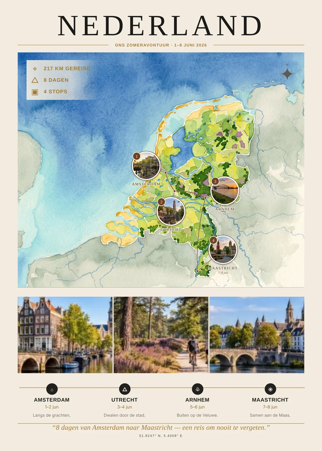 Nederlandse Storyprint met foto-pins als medaillon, route, foto's, stops en reisdata